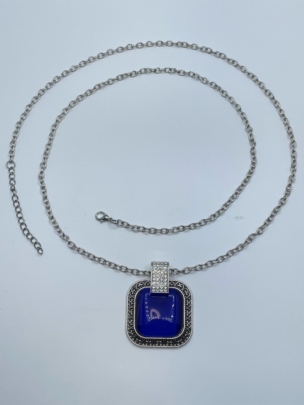 Purple Cat Eye Pendant Necklace Silver Tone Rhinestone Accent Square